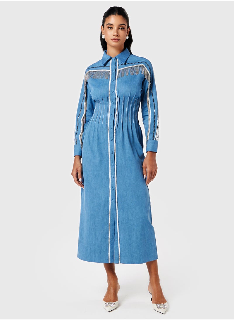 Threadz by Ajooni Fringed Denim Midi Dress  - Image 1