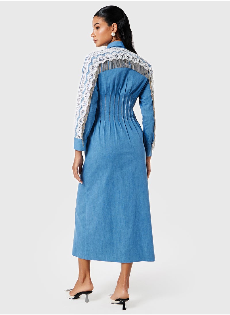 Threadz by Ajooni Fringed Denim Midi Dress  - Image 2