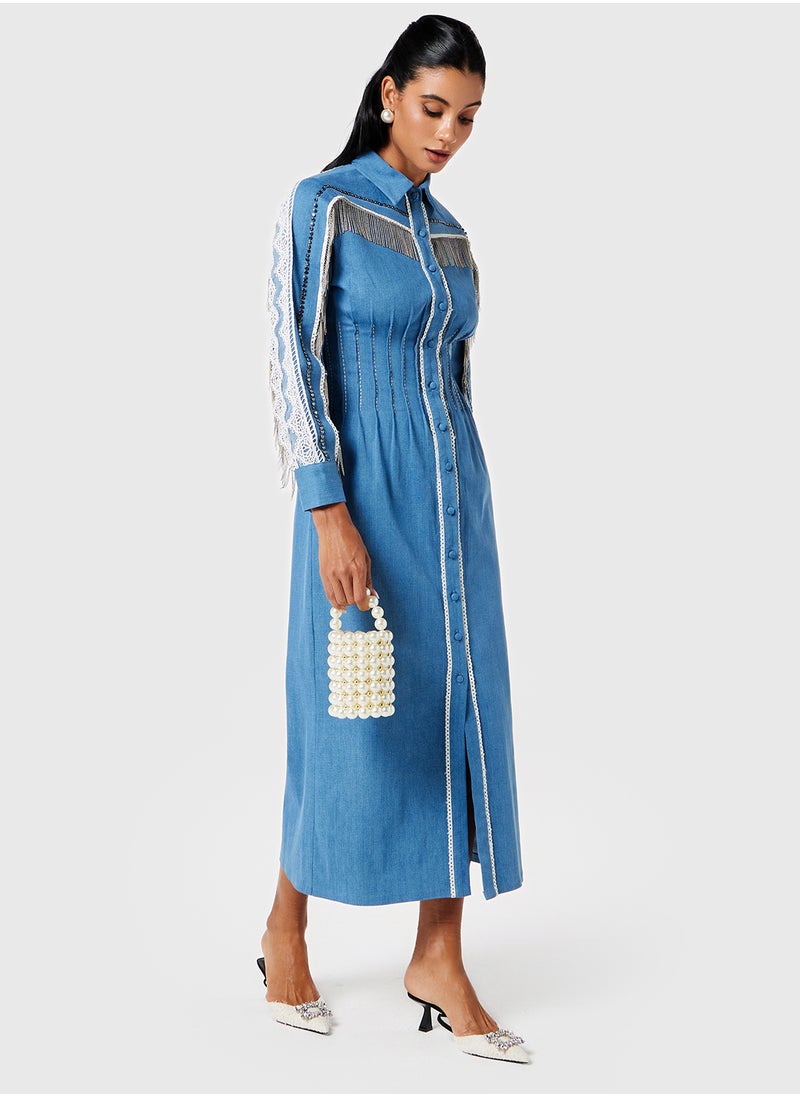 Threadz by Ajooni Fringed Denim Midi Dress  - Image 4