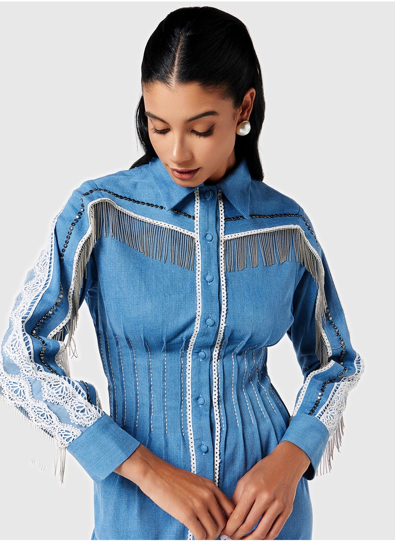 Threadz by Ajooni Fringed Denim Midi Dress  - Image 3