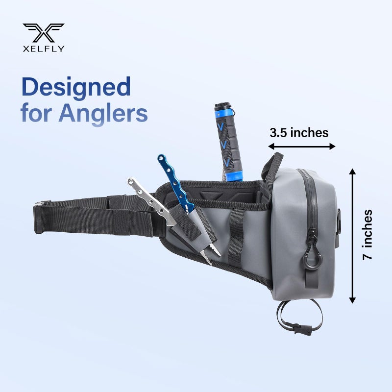 Xelfly Waterproof Fishing Waist Bag with Rod Holder, Padded Waist Straps & Gear Loops - Submersible Zipper, Rugged Top Handle, Adjustable Attachments (Gray) - Image 3