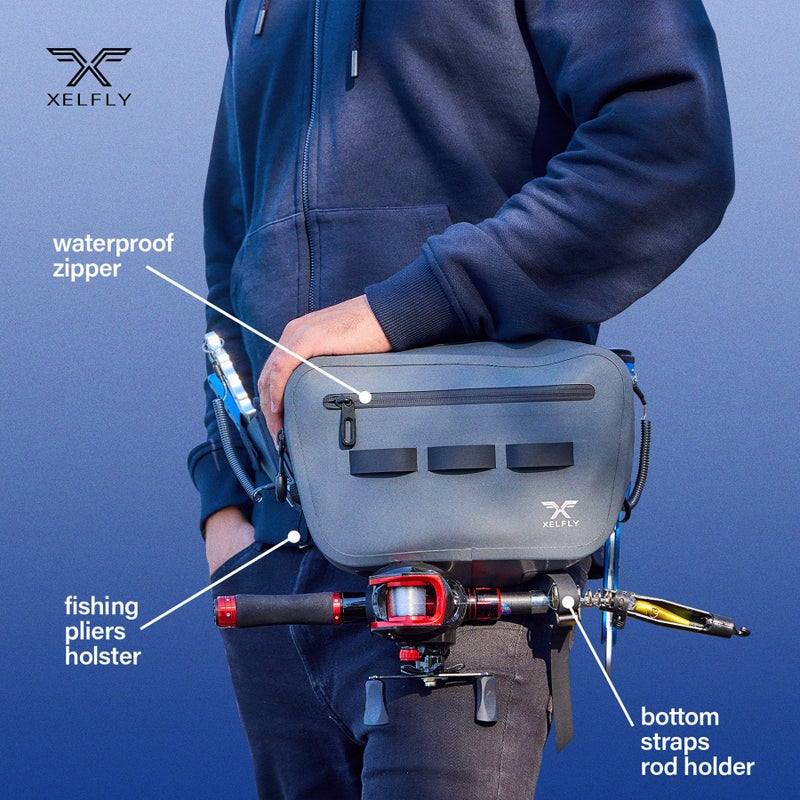 Xelfly Waterproof Fishing Waist Bag with Rod Holder, Padded Waist Straps & Gear Loops - Submersible Zipper, Rugged Top Handle, Adjustable Attachments (Gray) - Image 5