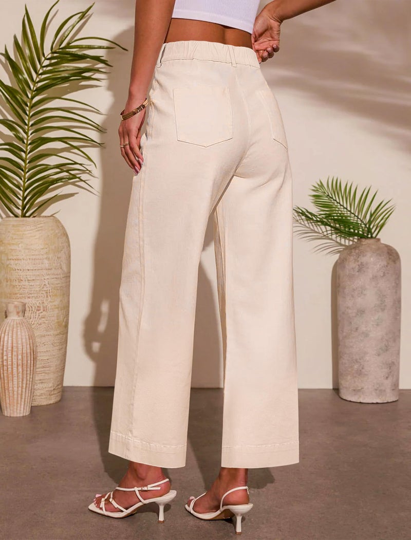 Eddoyee Womens Wide Leg Ankle Pants, High Waisted Straight Leg Stretch Casual Elastic Waist Cropped Pants Khaki - Image 2