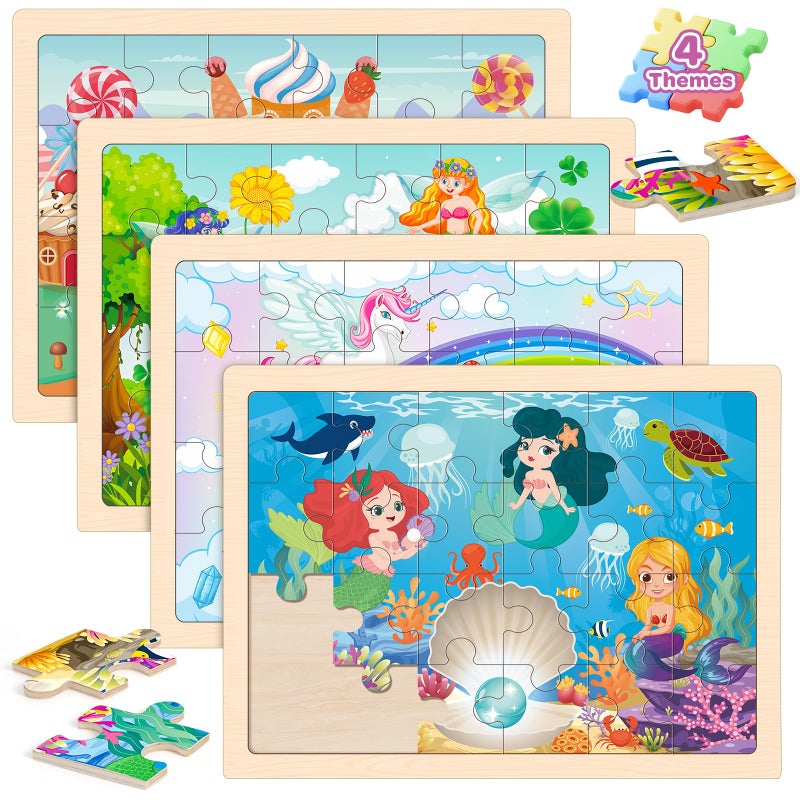 Duchong Puzzles for Kids Ages 46 4 Packs Wooden Jigsaw Puzzles for Toddlers 24 Princess Unicorn Mermaid Fairy Preschool Educational Puzzles Boards Toys Gifts for Girls Boys 3 4 5 6 - Image 3