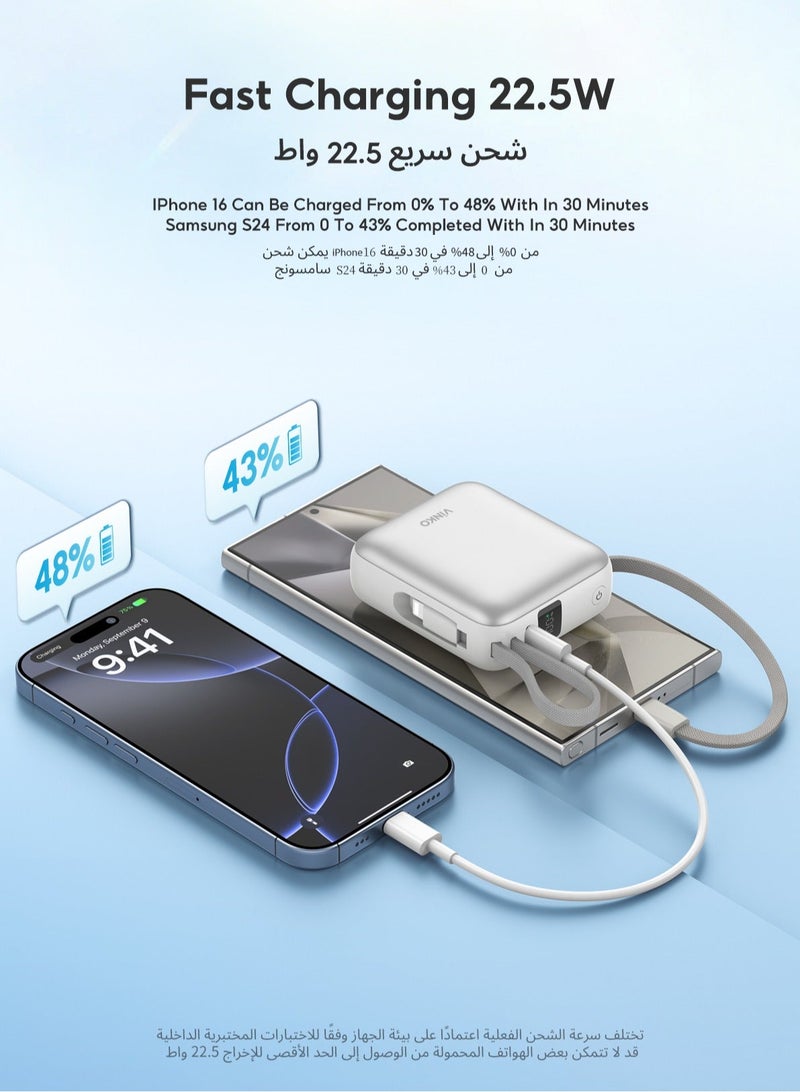 VINKO V9 10000mAh Mini Power Bank,22.5W Fast Charging,Pocket-size, Built-in Cable Lightning andType-c,Two-Way Charging with Usb-C Integrated Cable, One Usb-C Port, Smart Digital Display,Mobile Power Suitable For iPhone17promax/16pro/16/15/14 series,SamsungGalaxyS24/S23Series,samsung,xiaomi,huawei,Android Tablets, Gaming Devices, Can Travel Anywhere by Plane-White - Image 4