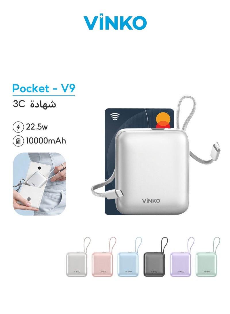 VINKO V9 10000mAh Mini Power Bank,22.5W Fast Charging,Pocket-size, Built-in Cable Lightning andType-c,Two-Way Charging with Usb-C Integrated Cable, One Usb-C Port, Smart Digital Display,Mobile Power Suitable For iPhone17promax/16pro/16/15/14 series,SamsungGalaxyS24/S23Series,samsung,xiaomi,huawei,Android Tablets, Gaming Devices, Can Travel Anywhere by Plane-White - Image 1
