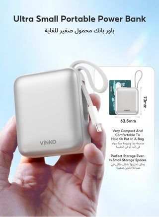 VINKO V9 10000mAh Mini Power Bank,22.5W Fast Charging,Pocket-size, Built-in Cable Lightning andType-c,Two-Way Charging with Usb-C Integrated Cable, One Usb-C Port, Smart Digital Display,Mobile Power Suitable For iPhone17promax/16pro/16/15/14 series,SamsungGalaxyS24/S23Series,samsung,xiaomi,huawei,Android Tablets, Gaming Devices, Can Travel Anywhere by Plane-White - view 3