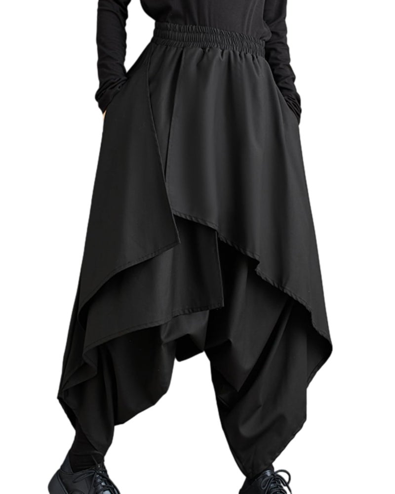 ellazhu Women's Drop Crotch Harem Skirt Pants Baggy Elastic Waist Irregular Trousers GZ29 L Black - Image 1