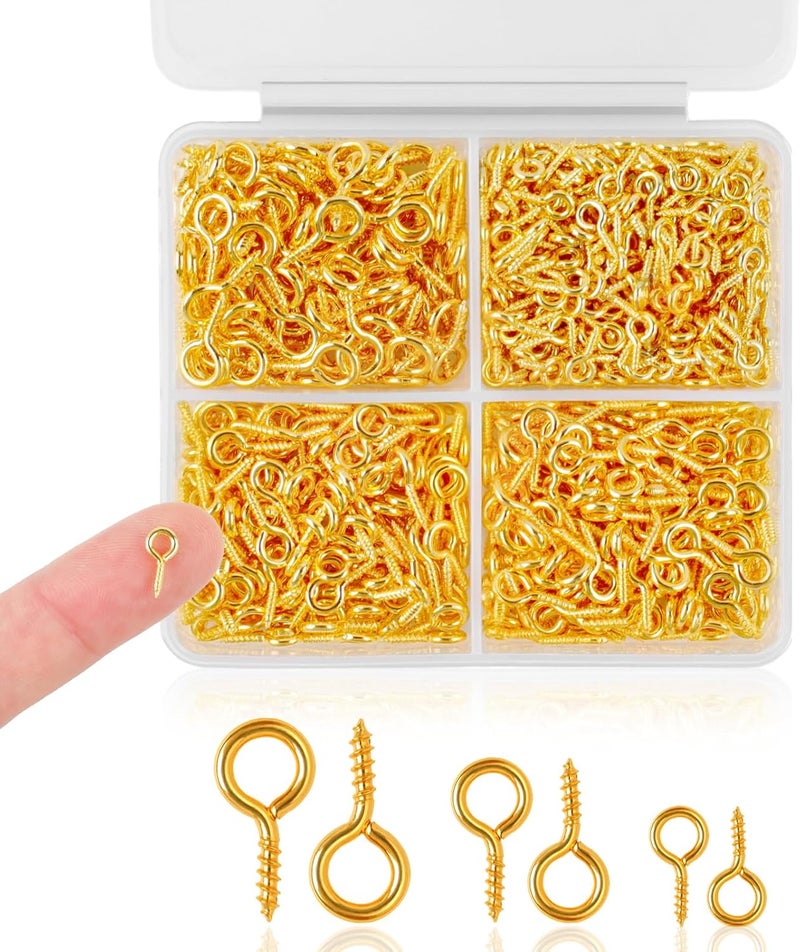 Romeda 720PCS Small Screw Eye Pins, 3 Styles of Mini Eye Screws, Eyelet Pins Hooks for DIY Crafts, Art Projects, Tiaras and Jewelry Making - Gold - Image 1