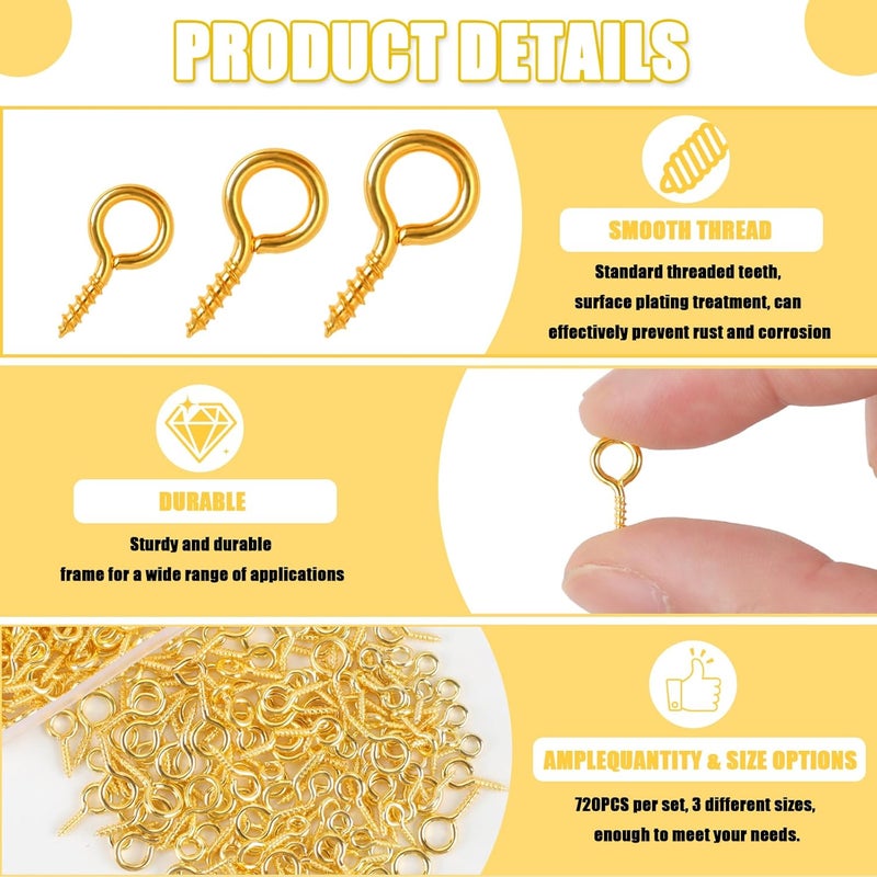 Romeda 720PCS Small Screw Eye Pins, 3 Styles of Mini Eye Screws, Eyelet Pins Hooks for DIY Crafts, Art Projects, Tiaras and Jewelry Making - Gold - Image 4