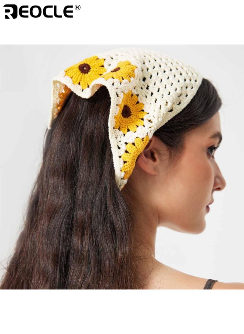 ريوكل عصابة رأس مثلثة كروشيه للنساء من قطعتين بتصميم ريفي فرنسي وأسلوب فني، إكسسوار شعر بوهو للنساء بملمس ناعم للارتداء في الهواء الطلق - Image 3