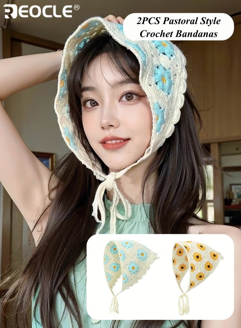 ريوكل عصابة رأس مثلثة كروشيه للنساء من قطعتين بتصميم ريفي فرنسي وأسلوب فني، إكسسوار شعر بوهو للنساء بملمس ناعم للارتداء في الهواء الطلق - Image 1