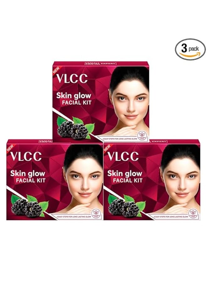 VLCC Glow Facial Kit - 25g X 3 (75g) (Pack of 3) | Promotes Cell Renewal, Helps Brighten Complexion, Even Tone Skin | Smoothens Uneven Skin Texture | With Aloe Vera, Cucumber, Saffron & Mulberry - Image 1
