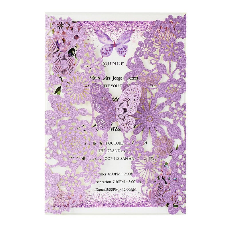 Hosmsua 50PCS Purple Butterfly Quinceanera Invitation Card Kit 51x73 Laser Cut Flora Butterfly Invitation Pocket with Envelopes for Bridal Shower XV Anos Wedding Invitation Purple Glitter
