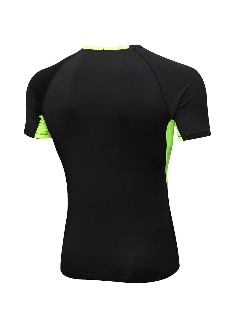 NIBEMINENT Men Quick Dry Breathable Elastic T-Shirt Black/Green - Image 2