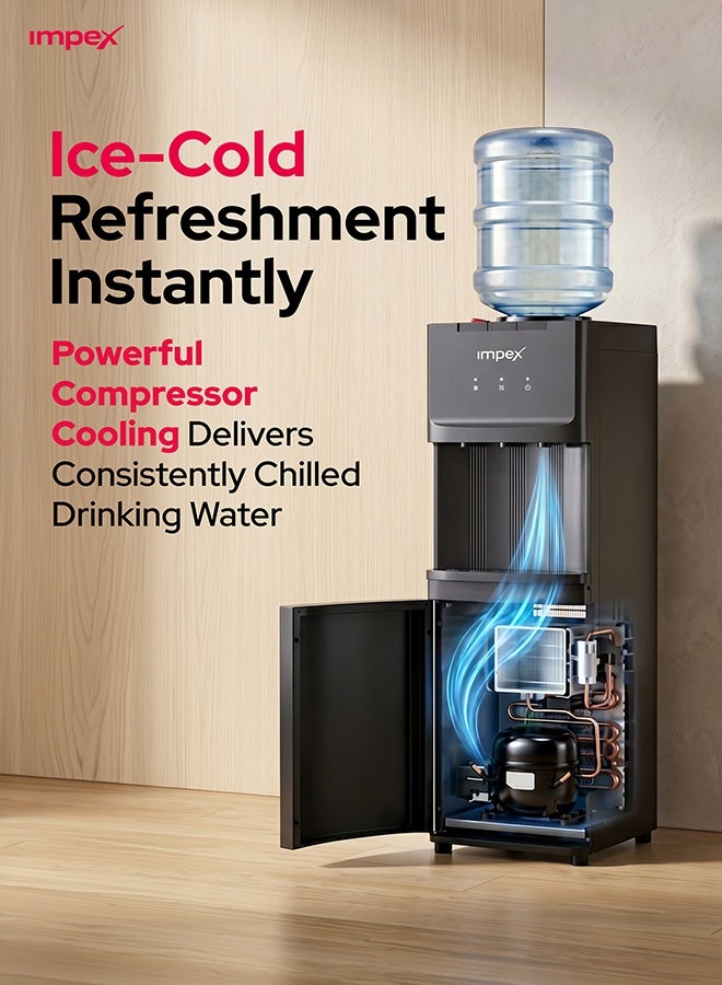Impex 3 Tap Water Dispenser with Cabinet, Hot, Normal & Cold Water, Powerful Compressor Cooling, Stainless Steel Corrosion-Free Tanks, Safety Lock for Hot Water, Anti-Dust Water Bottle Holder, Black, 2-Year Warranty - WD3902C WD 3902C Black - Image 2