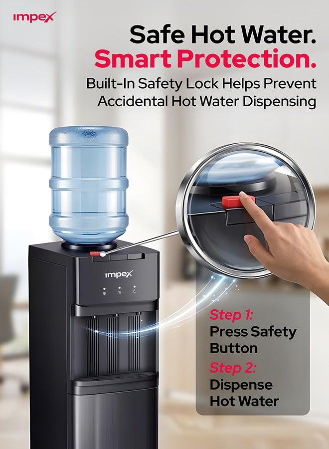 Impex 3 Tap Water Dispenser with Cabinet, Hot, Normal & Cold Water, Powerful Compressor Cooling, Stainless Steel Corrosion-Free Tanks, Safety Lock for Hot Water, Anti-Dust Water Bottle Holder, Black, 2-Year Warranty - WD3902C WD 3902C Black - Image 4