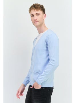 Sorbino Men V-Neck Ribbed Cardigan, Light Blue  - Image 3