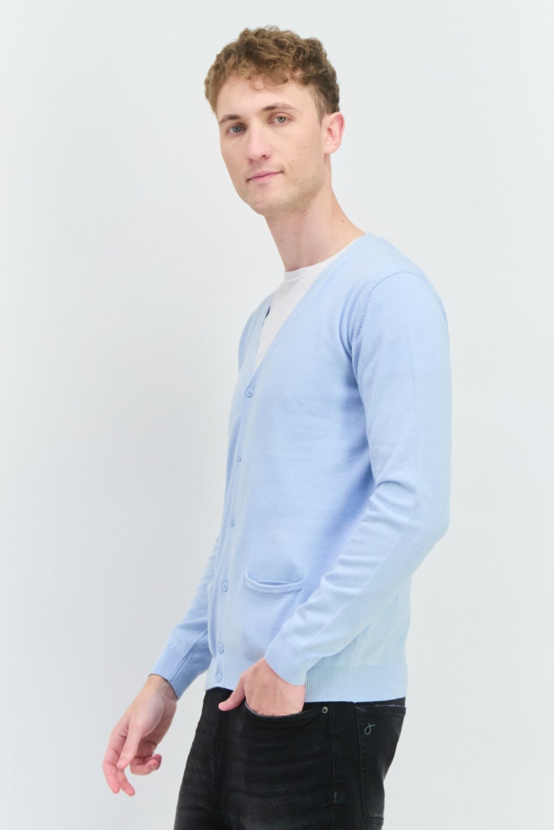 Sorbino Men V-Neck Ribbed Cardigan, Light Blue  - Image 3