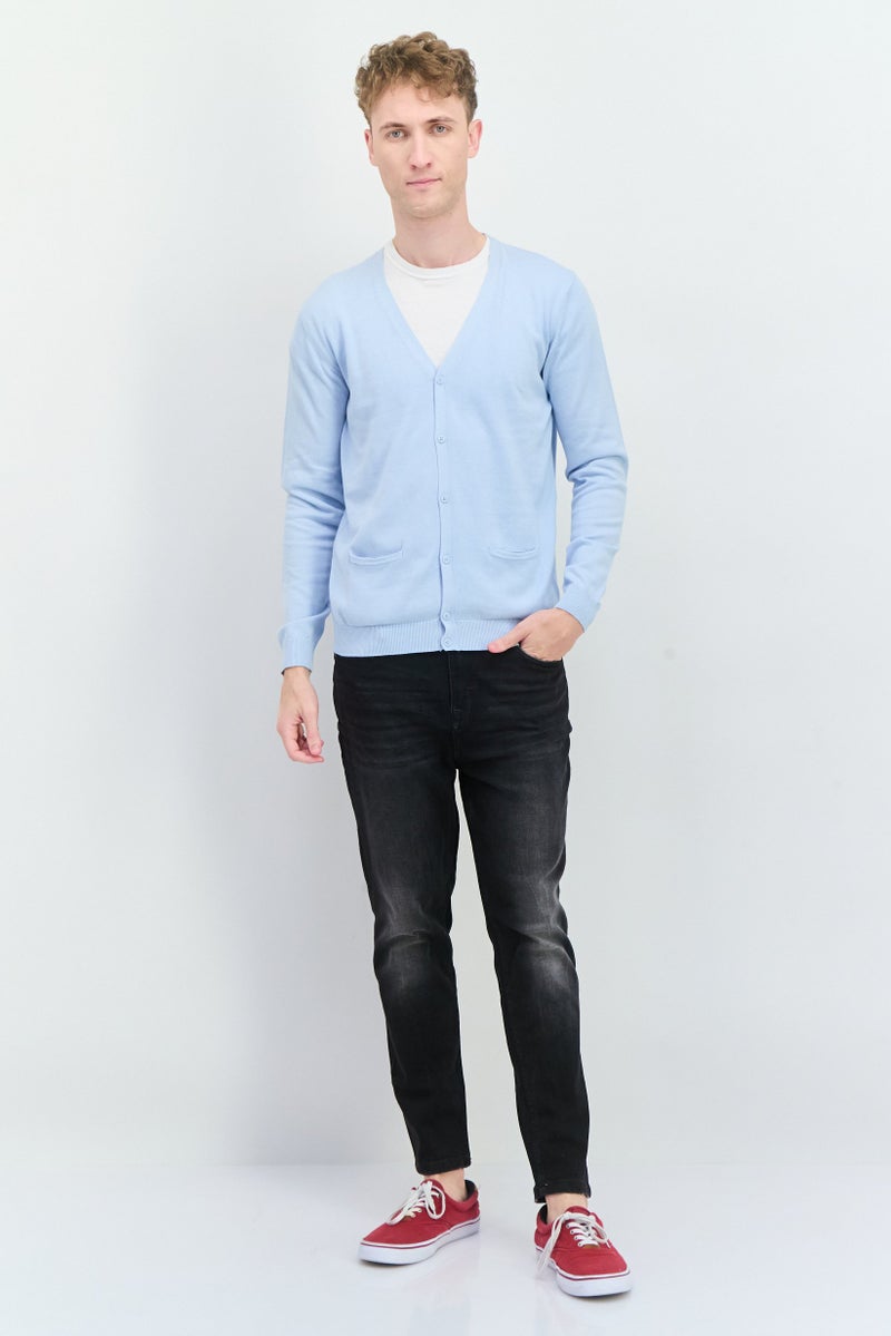 Sorbino Men V-Neck Ribbed Cardigan, Light Blue  - Image 2