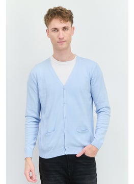 Sorbino Men V-Neck Ribbed Cardigan, Light Blue  - Image 1