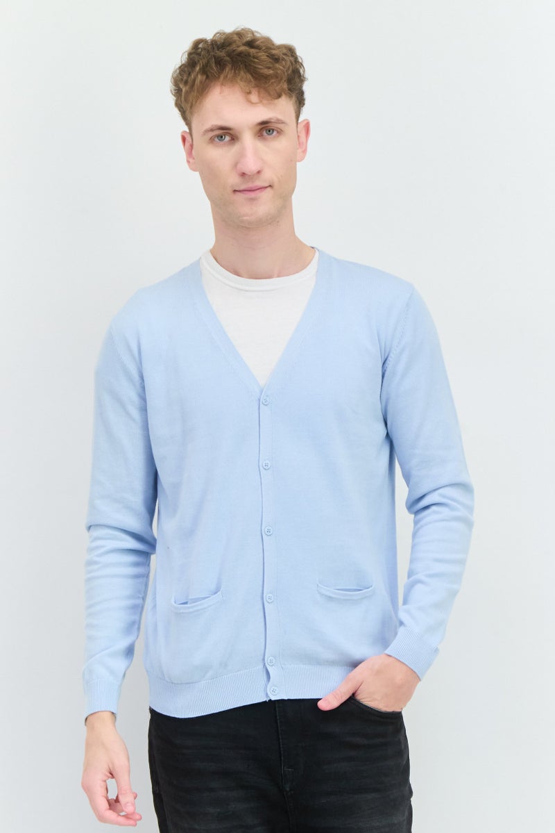 Sorbino Men V-Neck Ribbed Cardigan, Light Blue  - Image 1