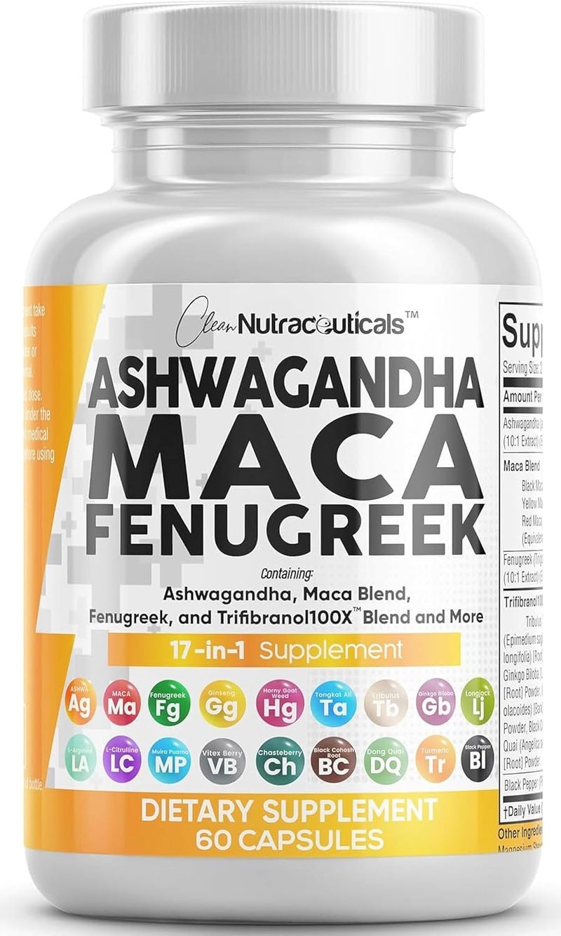 Clean Nutraceuticals مكملات كلين نوتراسيتيكالز أشواغاندا جذر الماكا حلبة مع تونغكات علي جنسنغ تساعد في التوتر المزاج الغدة الدرقية كبسولات أشواغاندا كبسولات حلبة 1 عبوة - Image 1