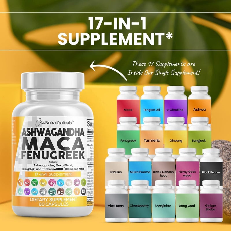 Clean Nutraceuticals مكملات كلين نوتراسيتيكالز أشواغاندا جذر الماكا حلبة مع تونغكات علي جنسنغ تساعد في التوتر المزاج الغدة الدرقية كبسولات أشواغاندا كبسولات حلبة 1 عبوة - Image 2