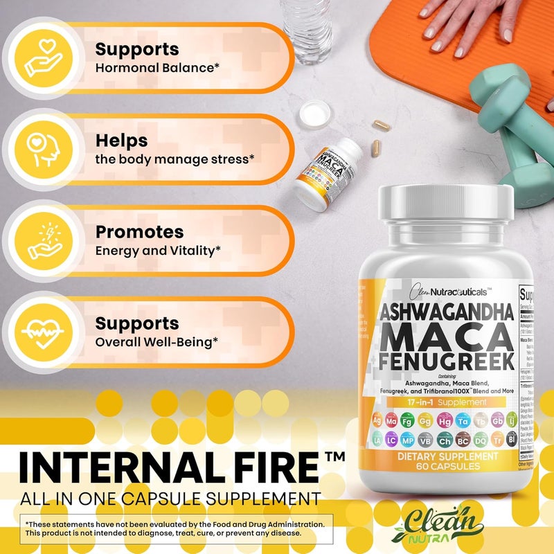 Clean Nutraceuticals مكملات كلين نوتراسيتيكالز أشواغاندا جذر الماكا حلبة مع تونغكات علي جنسنغ تساعد في التوتر المزاج الغدة الدرقية كبسولات أشواغاندا كبسولات حلبة 1 عبوة - Image 5