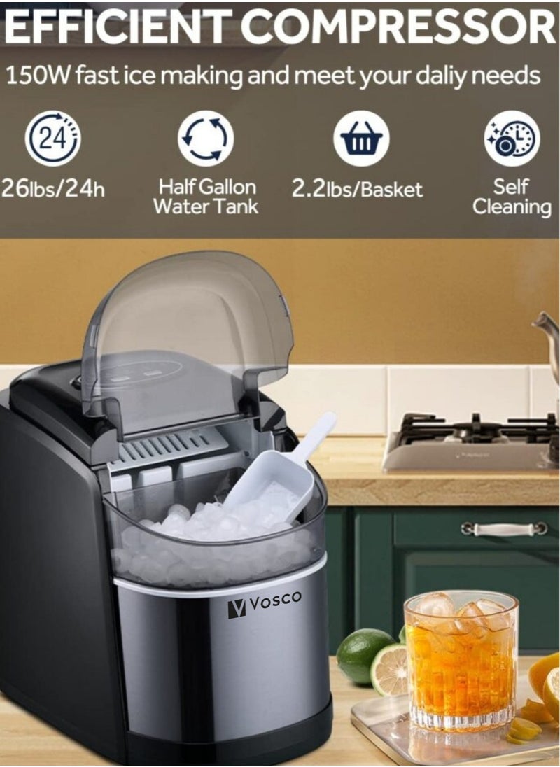 Vosco Ice Maker Countertop Black – 12Kg/24H, 9 Ice Cubes in 6 Mins, 2 Ice Sizes, Compact & Portable Ice Machine for Home, Office, Kitchen  - Image 2