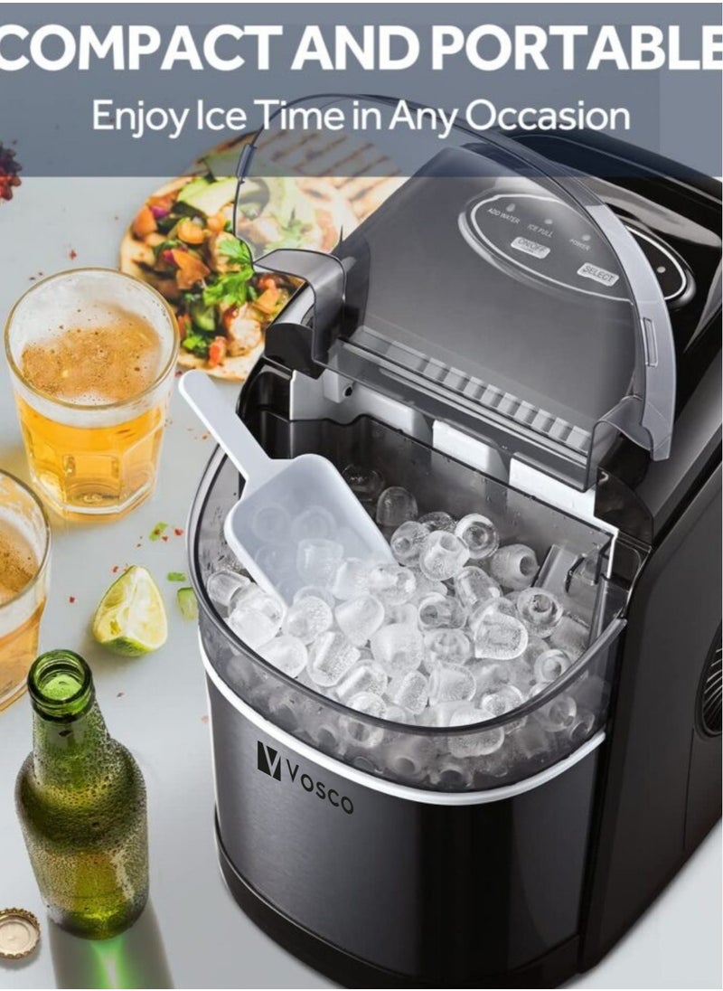 Vosco Ice Maker Countertop Black – 12Kg/24H, 9 Ice Cubes in 6 Mins, 2 Ice Sizes, Compact & Portable Ice Machine for Home, Office, Kitchen  - Image 1