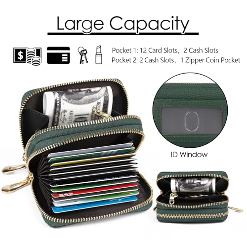 imeetu RFID Credit Card Holder, Small Leather Double Zipper Card Case Wallet for Women (Max,Green) - Image 3