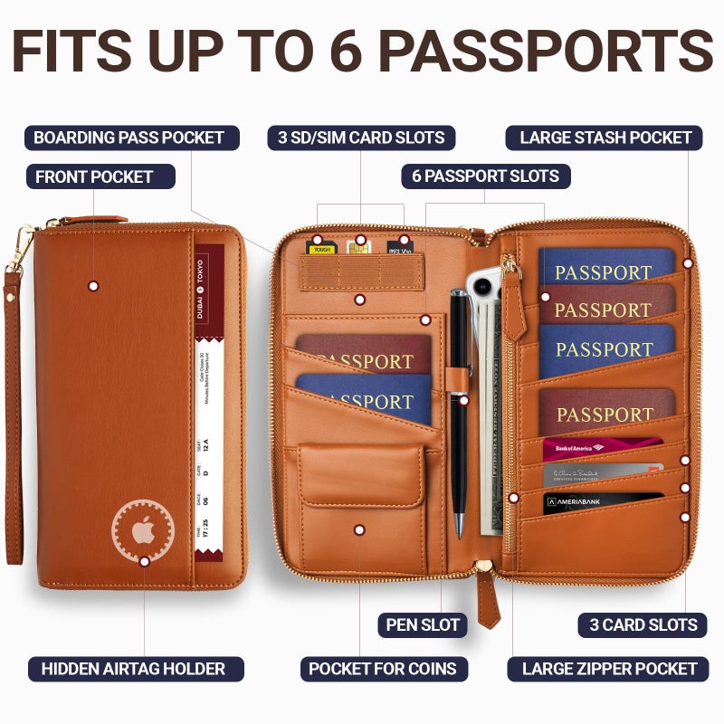 Apadi Family Passport Holder with AirTag RFID Passport Wallet Leather Travel Wallet Womens with Zipper Multiple Travel Document Organizer Holder for 4 6 Passport Cover Case Porta Pasaporte Familiar - Image 2