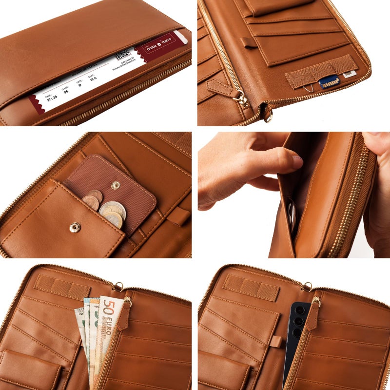 Apadi Family Passport Holder with AirTag RFID Passport Wallet Leather Travel Wallet Womens with Zipper Multiple Travel Document Organizer Holder for 4 6 Passport Cover Case Porta Pasaporte Familiar - Image 5