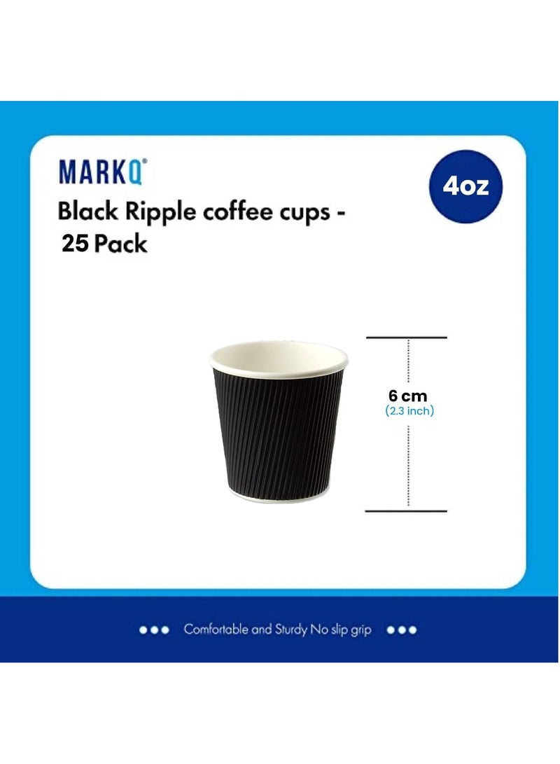MARKQ [25 Cups] 4 oz. Black Disposable Coffee Cups - Triple Wall Ripple Hot Paper Cups for Tea, Drinks To-Go  - Image 2
