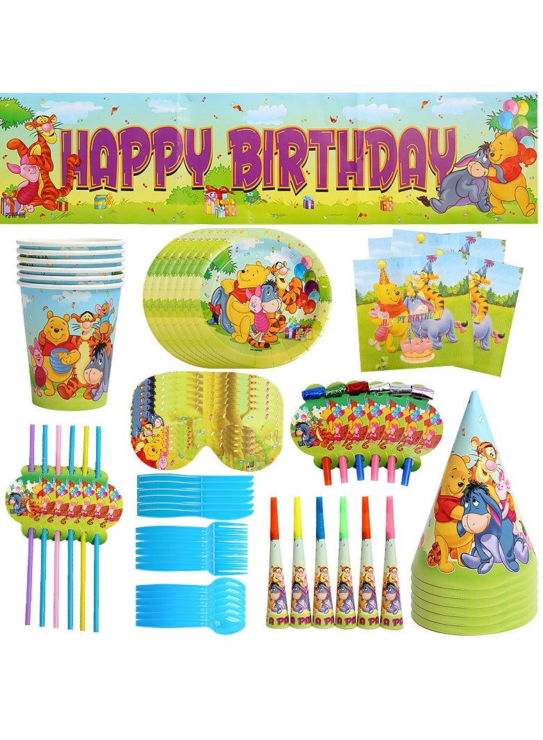 87-PCS Winnie the Pooh Cartoon Theme, Children's Birthday Party Supplies, Kids’ Party Decoration Set, Party tableware Combination, Food grade Safe and Non toxic - Image 1