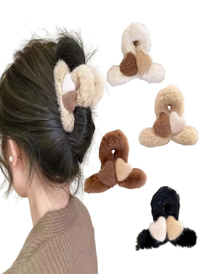 Rannyrena Cute Fuzzy Plush Hair Claw Clips for Women Thin Thick Hair Soft Faux Fur Bow Tassel Hair Claw Strong Hold Non-slip Hair Accessories (Heart Small Claw Clips Set (Pack of 4)) - Image 1