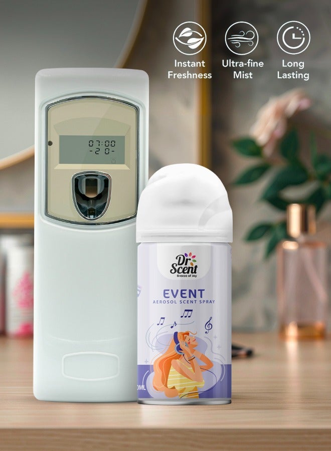 Dr Scent Breeze of Joy, Combo | Automatic Air Freshener Spray Dispenser LCD with 300 ml Aerosol Spray Refill | Long-Lasting Fragrance for Home & Office. (Event)