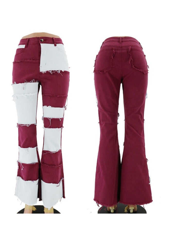 Loquat Stylish Contrast Patchwork High-rise Tight Hip Flared Women's Denim Trousers - Image 1