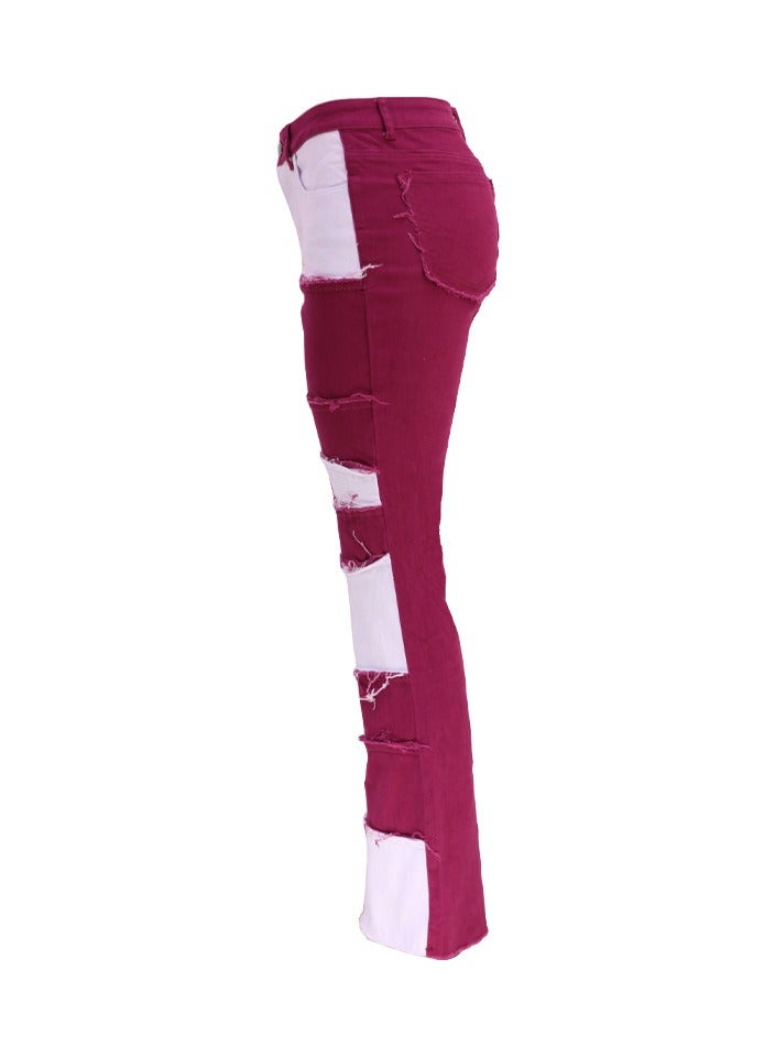 Loquat Stylish Contrast Patchwork High-rise Tight Hip Flared Women's Denim Trousers - Image 2