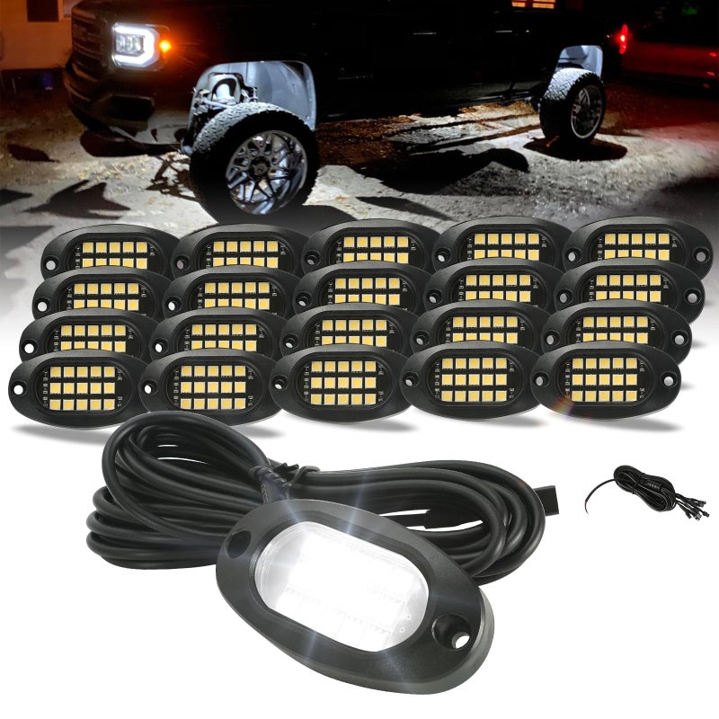 Winunite 20 Pods White Rock Lights Quick Connect 15 SMD Chips 5M Extension Wires 6000K Pure White Strong Adhesive Mounting Pads IP67 Waterproof Fits Trucks SUV ATV UTV Trailer