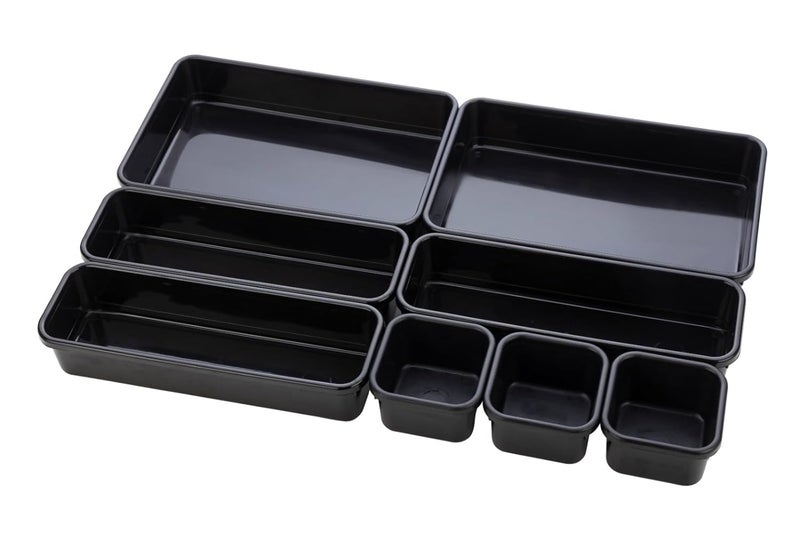 RECLUSE Interlocking Drawer Organizer Set of 8 Versatile Bathroom and Vanity Drawer Organizer Trays Storage Bins for Makeup Bedroom Kitchen Gadgets Utensils and Office Of Different SizeBlack - Image 1