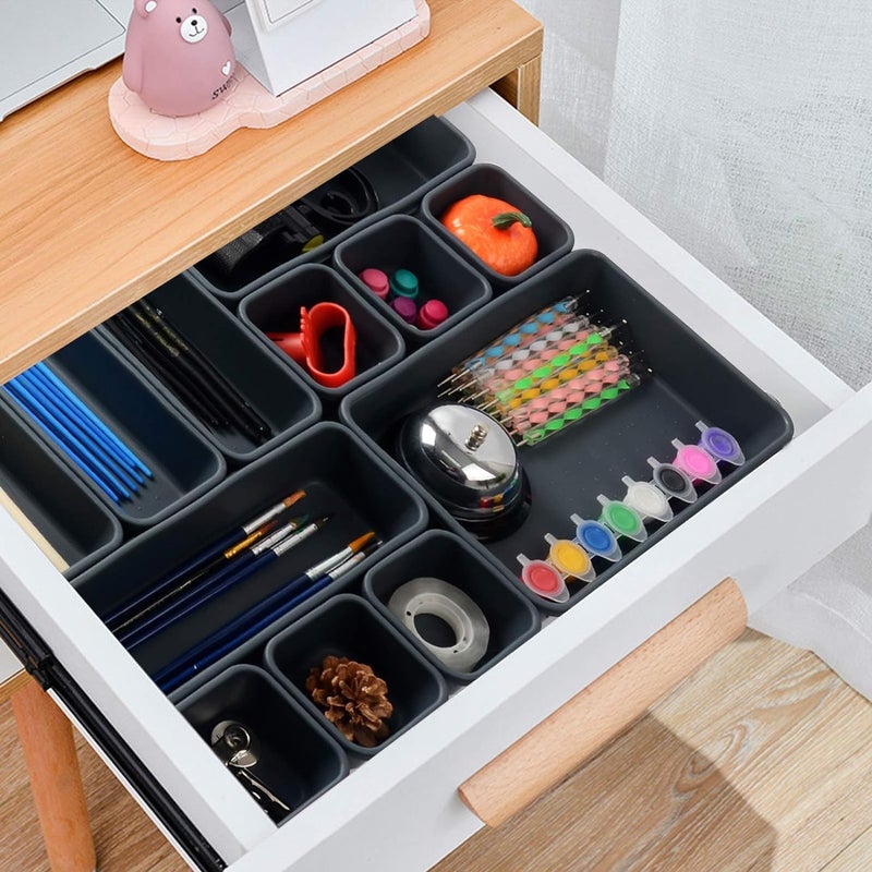 RECLUSE Interlocking Drawer Organizer Set of 8 Versatile Bathroom and Vanity Drawer Organizer Trays Storage Bins for Makeup Bedroom Kitchen Gadgets Utensils and Office Of Different SizeBlack - Image 2