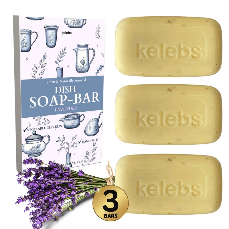 KELEBS Lavender Hypoallergenic Dish Soap Bar Organic Pack of 3 SkinSafe NonToxic Sustainable Kitchen Soap Zero Waste