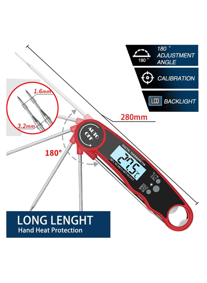 ECVV ترمومتر لحم رقمي مقياس حرارة الطعام مع شاشة LCD مغناطيس وفتاحة زجاجات، IPX6 مقاوم للماء بشكل فائق مقياس حرارة المطبخ للطهي للخبز، الفرن، القلاية، الحلوى، الشواء، الشواء وديك رومي (أحمر) - Image 2