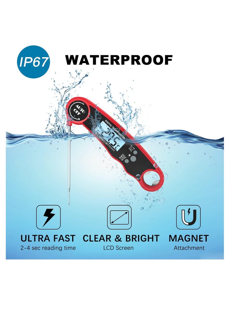 ECVV ترمومتر لحم رقمي مقياس حرارة الطعام مع شاشة LCD مغناطيس وفتاحة زجاجات، IPX6 مقاوم للماء بشكل فائق مقياس حرارة المطبخ للطهي للخبز، الفرن، القلاية، الحلوى، الشواء، الشواء وديك رومي (أحمر) - Image 3