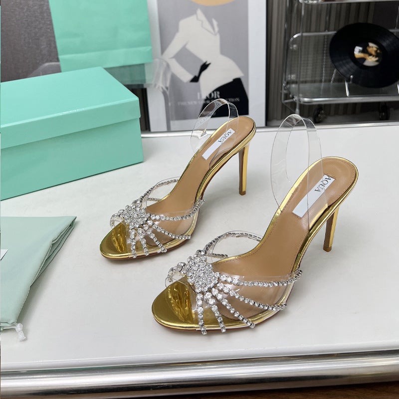 Genuine Leather Sandals For Women 2024 Style Sheepskin Rhinestone Strap High Heels Casual Wedge Trendy Versatile - Image 1