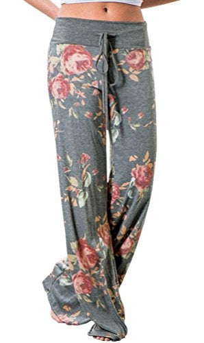 AMiERY Pajamas for Women Women's High Waist Casual Floral Print Drawstring Wide Leg Palazzo Pants Lounge Pajama Pants (Tag L (US 8), Grey) - Image 1