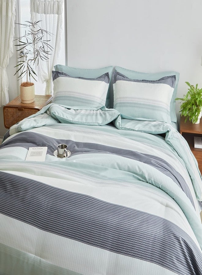 Flysheep Ombre Striped Bed in a Bag 6 Pieces Twin Size for Kids, Grey Green White Stripes Comforter Sheet Set (1 Comforter, 1 Flat Sheet, 1 Fitted Sheet, 2 Pillow Shams, 1 Pillowcase) - Image 1
