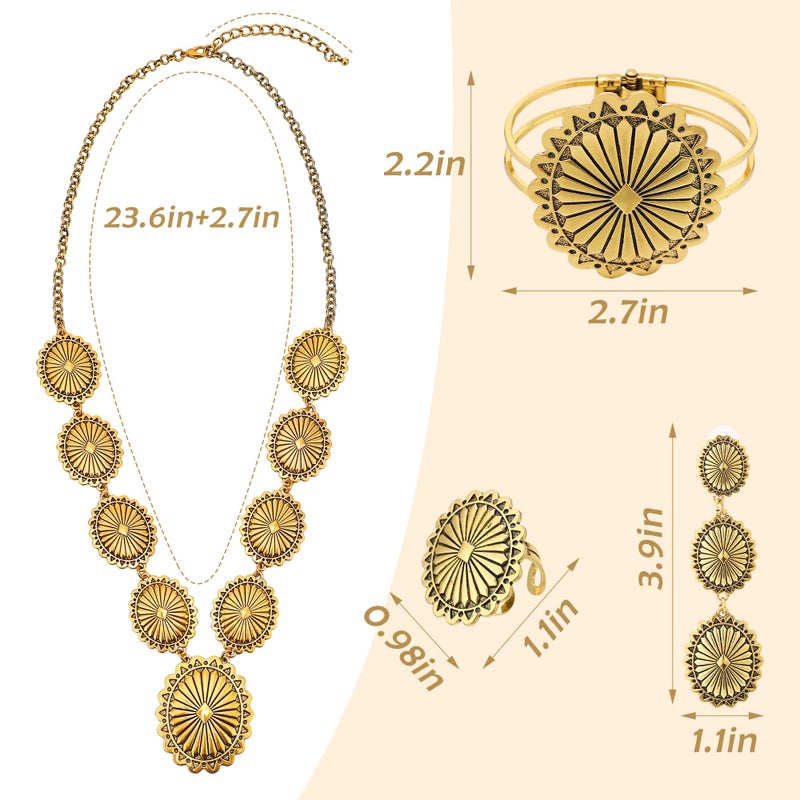 JMScape 4 PCS Western Turquoise Jewelry for Women Boho Vintage Navajo Pearl Necklace Earring Bracelet Ring Set Country Cowgirl Accessories for Gift (J-Gold) - Image 4